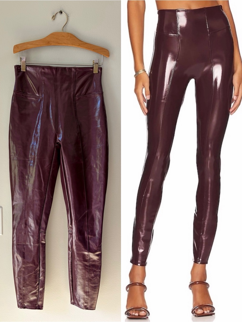 SPANX High Rise Faux Patent Leather Leggings in Ruby Luxe Loungewear Sleek Chic